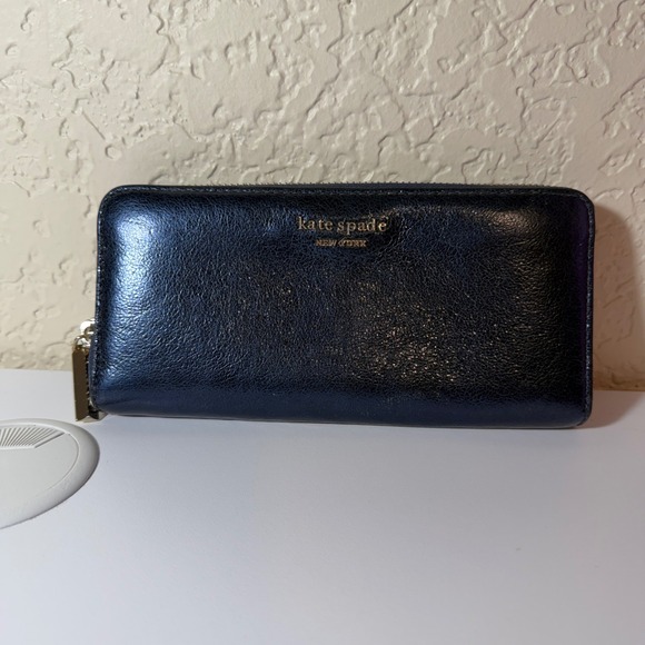 Kate Spade NY Metallic Night Navy Blue Leather Zip Around Continental Wallet - Picture 2 of 13